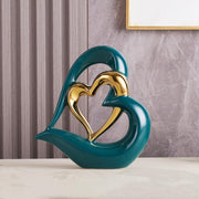 Double Heart Ceramic Sculpture Green Gold Ornament Modern Romantic Home Decor - Kwikley