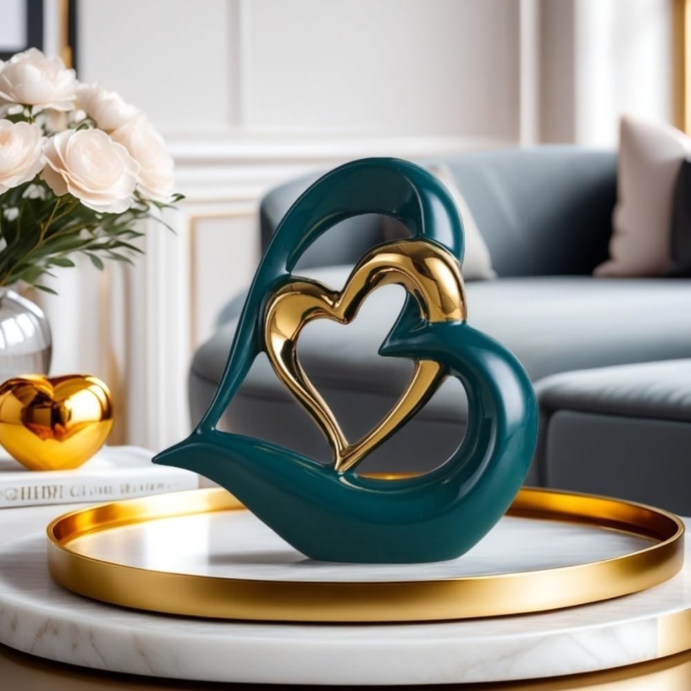 Double Heart Ceramic Sculpture Green Gold Ornament Modern Romantic Home Decor - Kwikley