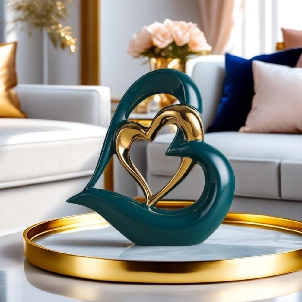 Double Heart Ceramic Sculpture Green Gold Ornament Modern Romantic Home Decor - Kwikley