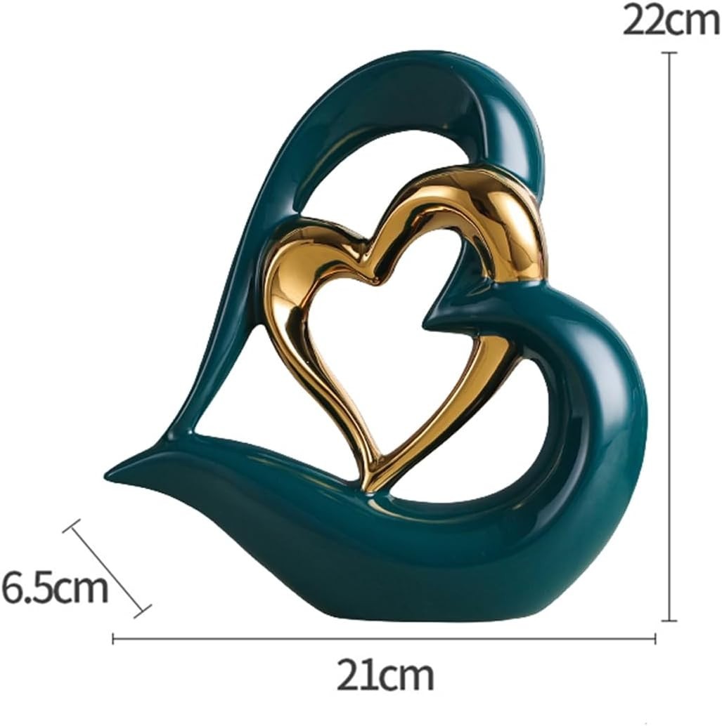 Double Heart Ceramic Sculpture Green Gold Ornament Modern Romantic Home Decor - Kwikley