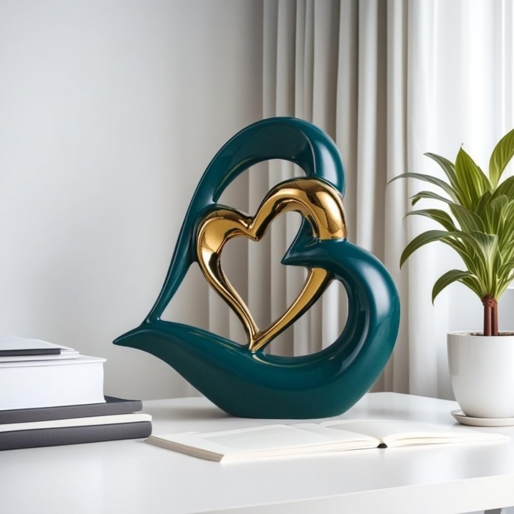 Double Heart Ceramic Sculpture Green Gold Ornament Modern Romantic Home Decor - Kwikley