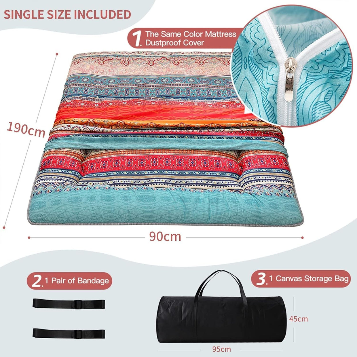 Double Japanese Floor Mattress Foldable Sleeping Futon Roll Up Thick Bed Pad - Kwikley