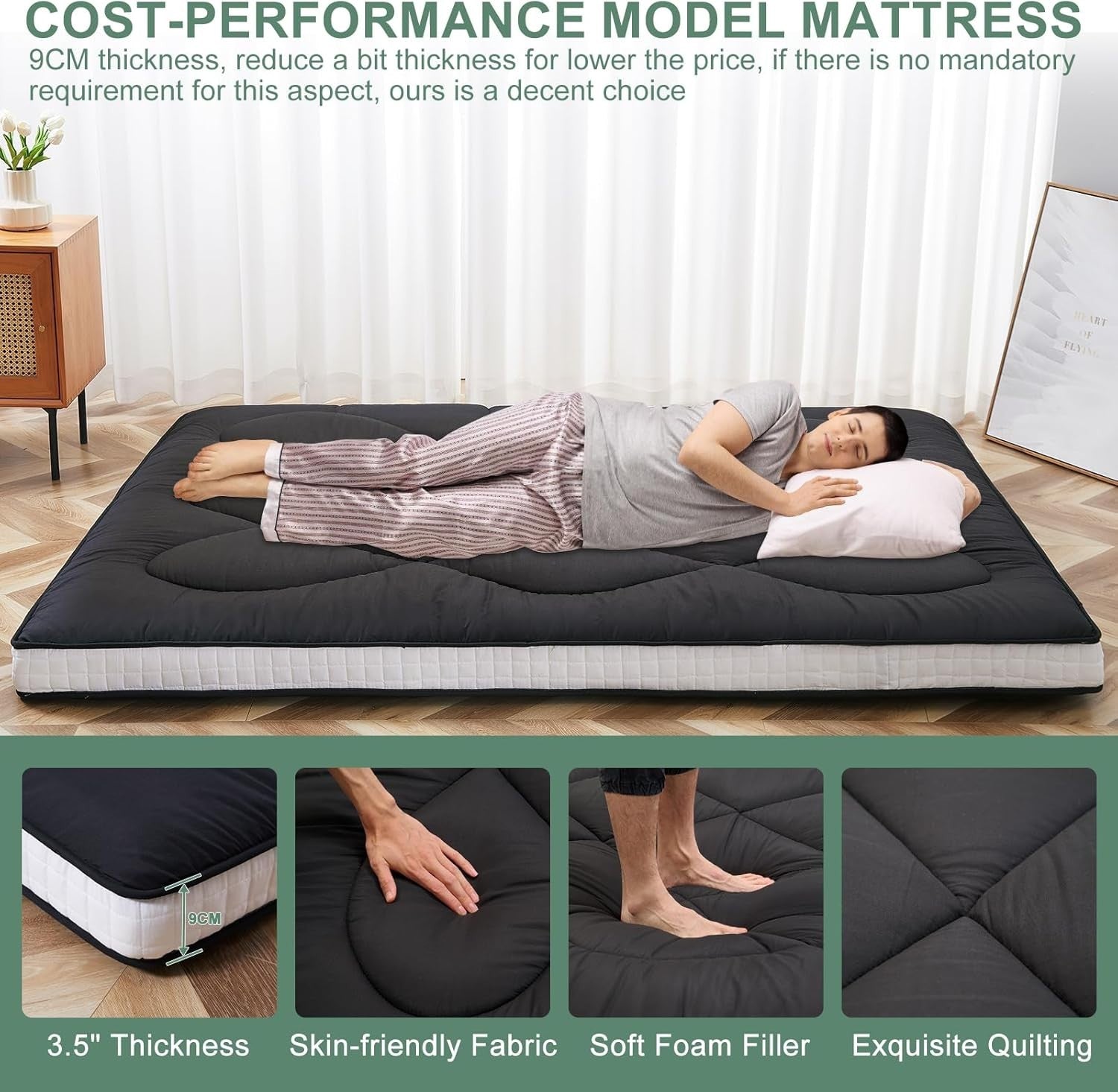 Double Japanese Futon Mattress 9cm Thick Foldable Tatami Floor Bed Pad - Kwikley