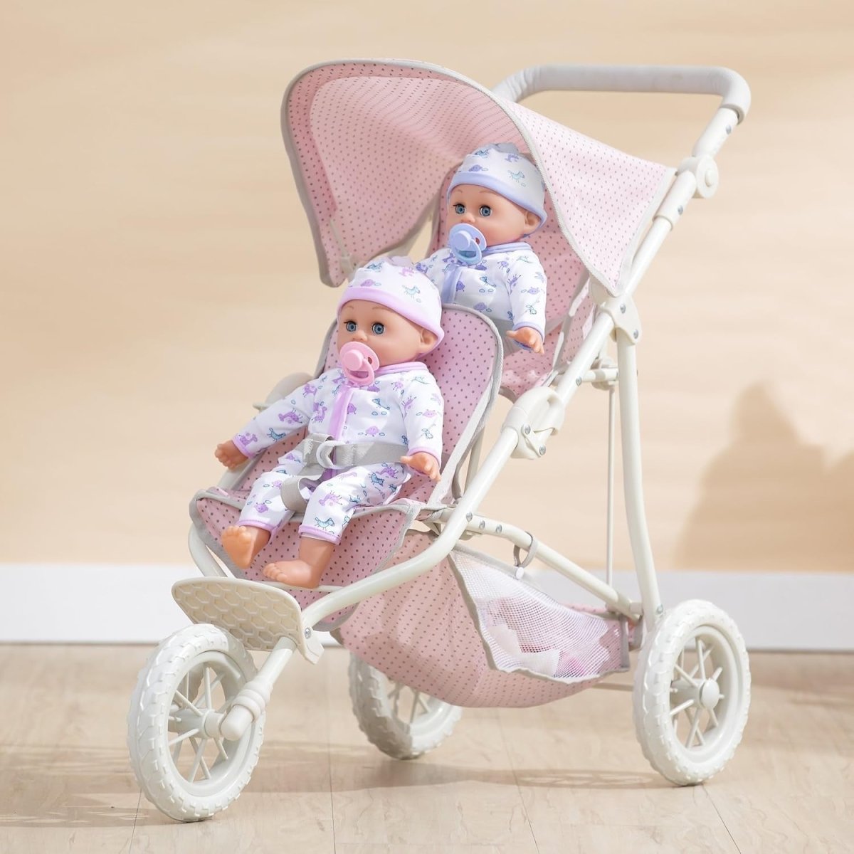 Double Jogging Dolls Pram Tandem Buggy with All - Terrain Wheels & Storage Basket - Kwikley