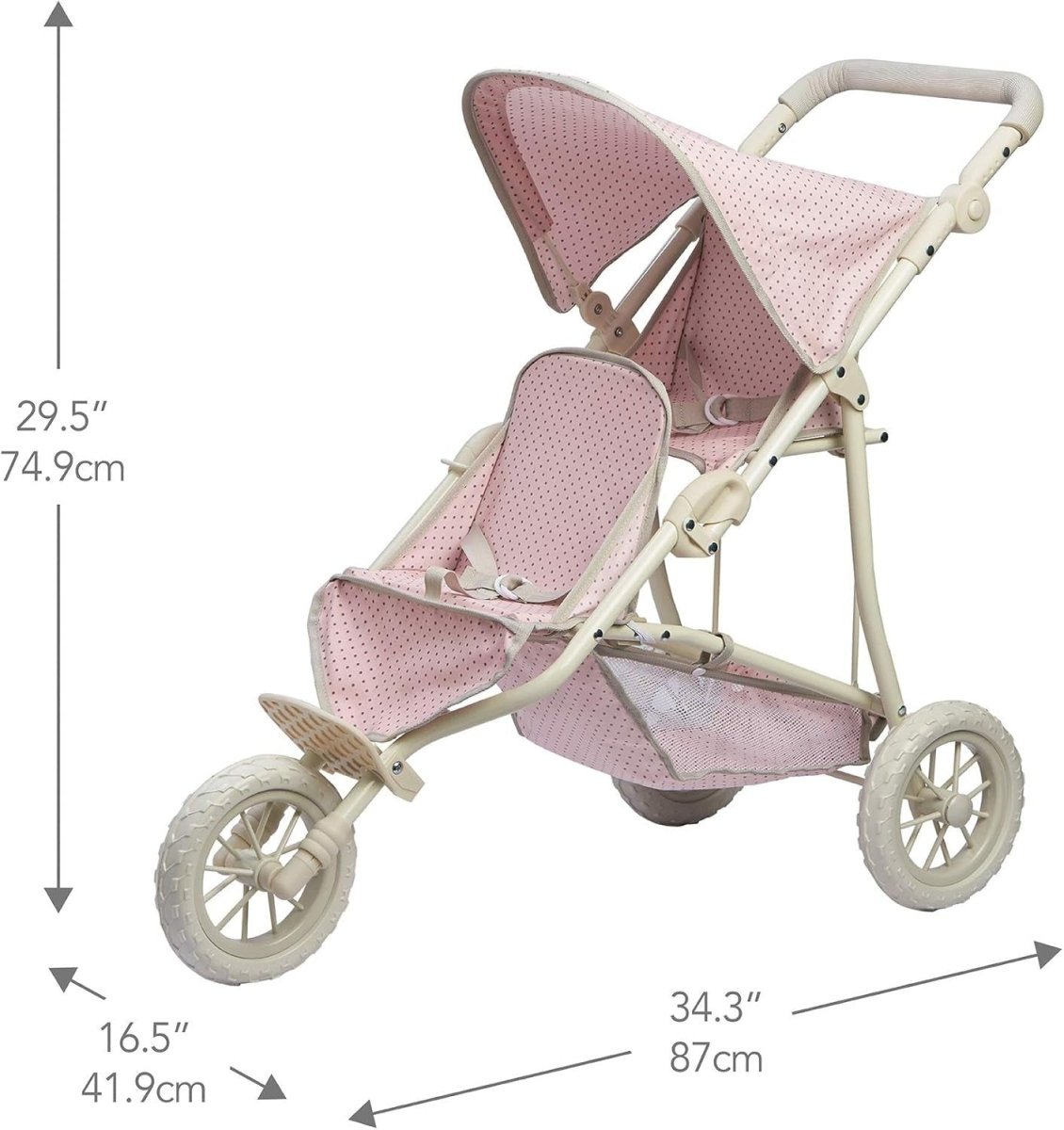 Double Jogging Dolls Pram Tandem Buggy with All - Terrain Wheels & Storage Basket - Kwikley