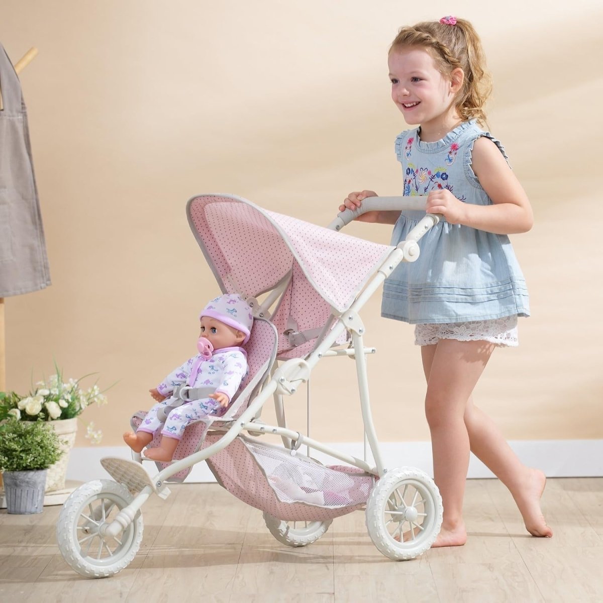 Double Jogging Dolls Pram Tandem Buggy with All - Terrain Wheels & Storage Basket - Kwikley