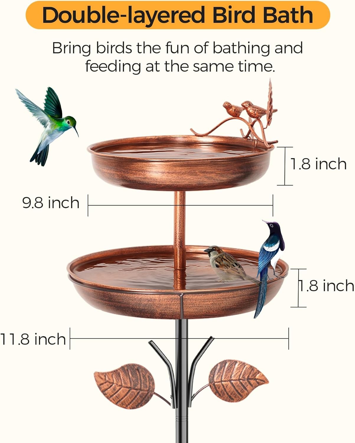 Double Layer Metal Bird Bath Feeder Stand Outdoor Garden Water Feature - Kwikley