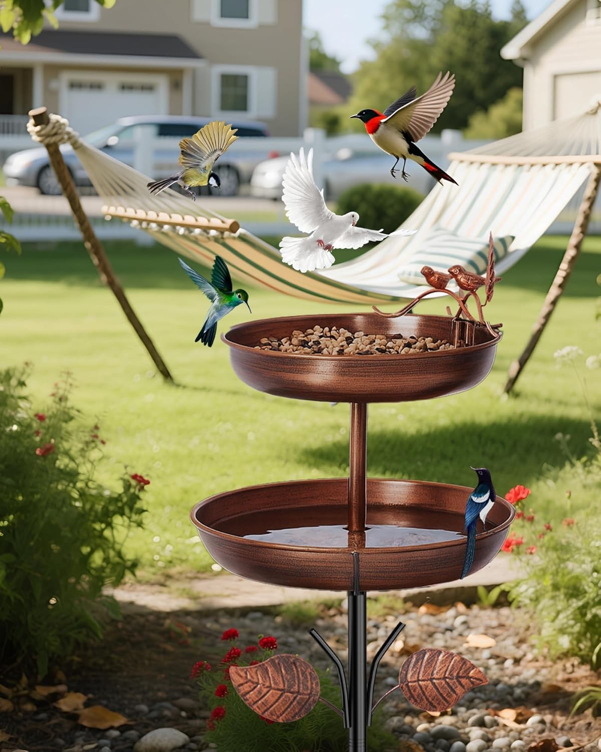 Double Layer Metal Bird Bath Feeder Stand Outdoor Garden Water Feature - Kwikley