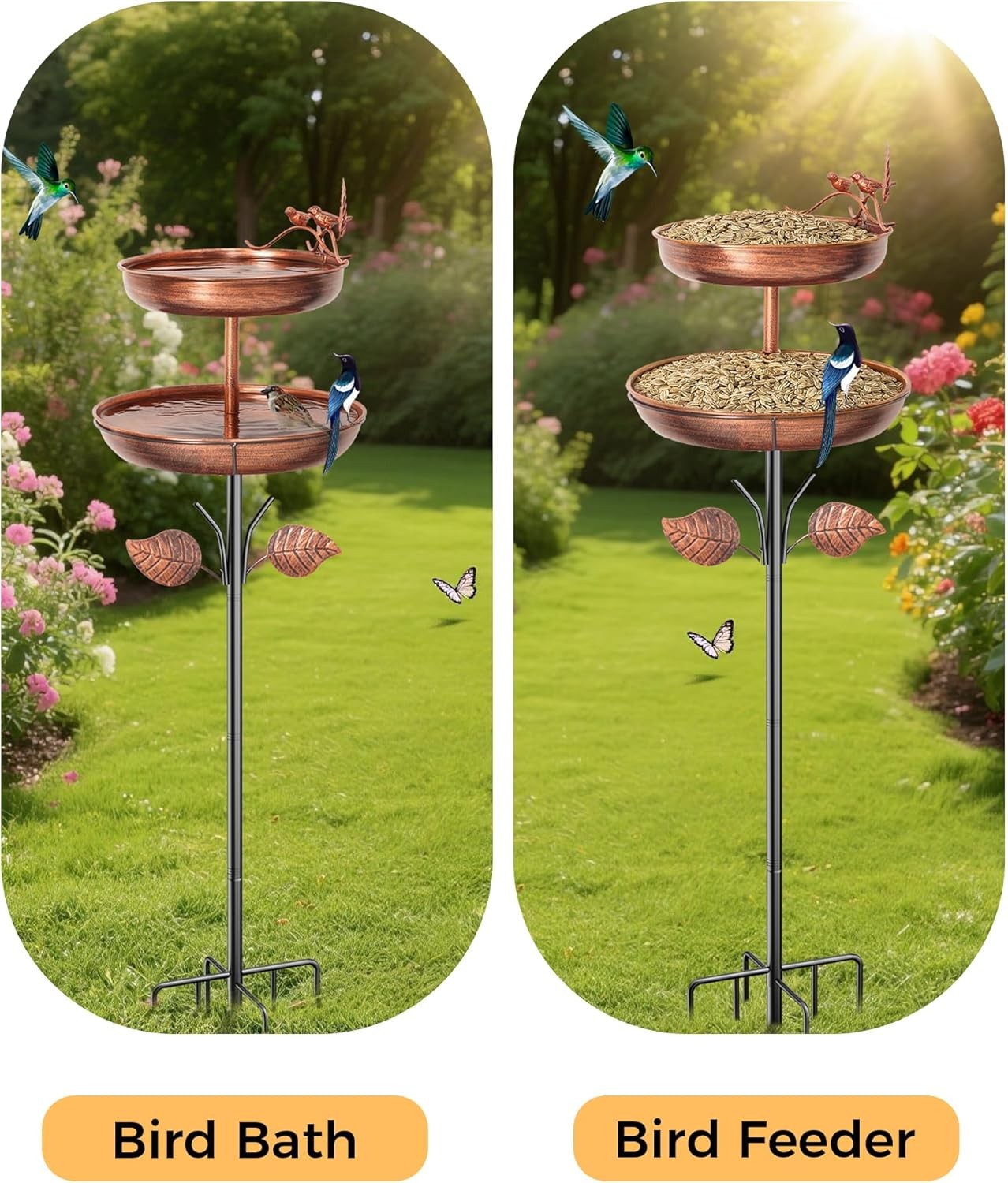 Double Layer Metal Bird Bath Feeder Stand Outdoor Garden Water Feature - Kwikley