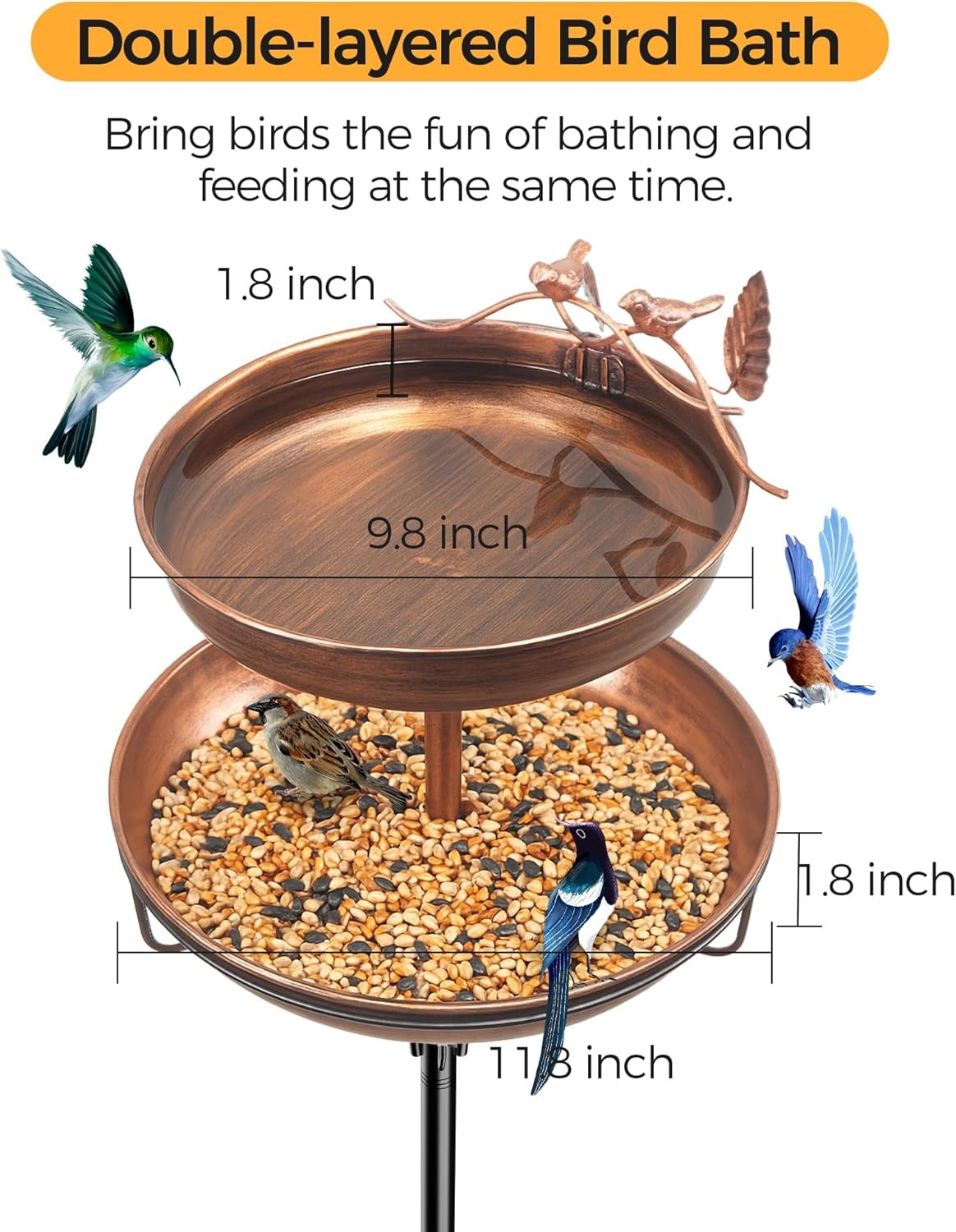 Double Layer Metal Bird Bath Feeder Stand Outdoor Garden Water Feature - Kwikley