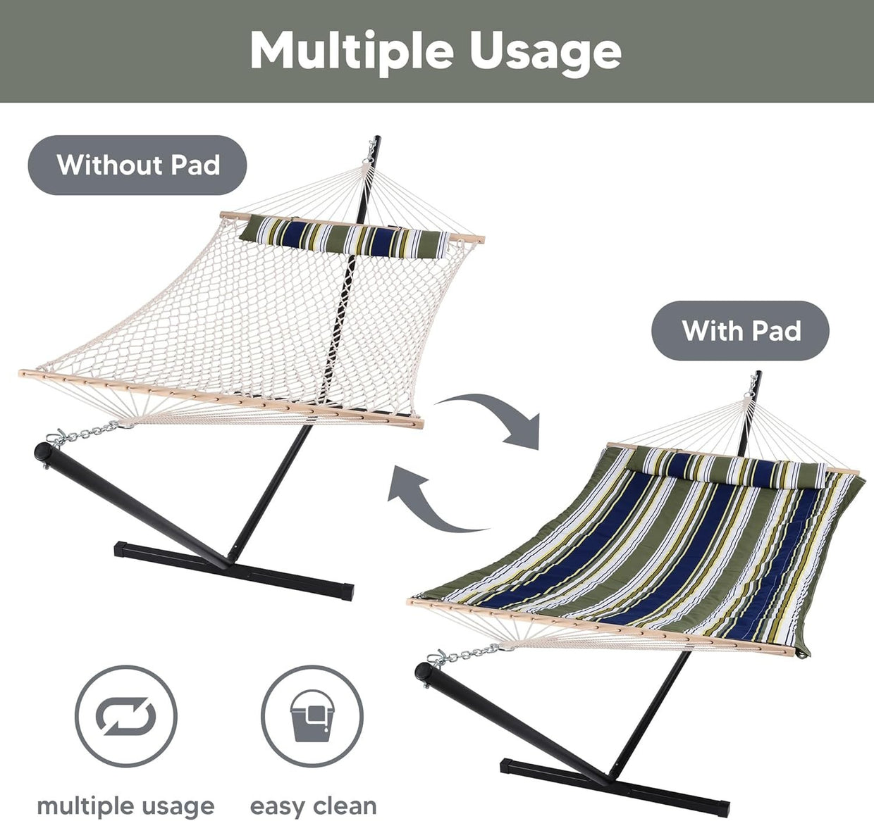 Double Outdoor Hammock with Stand | Cotton Rope & Pad | 2 Person | 475lbs Capaci - Kwikley