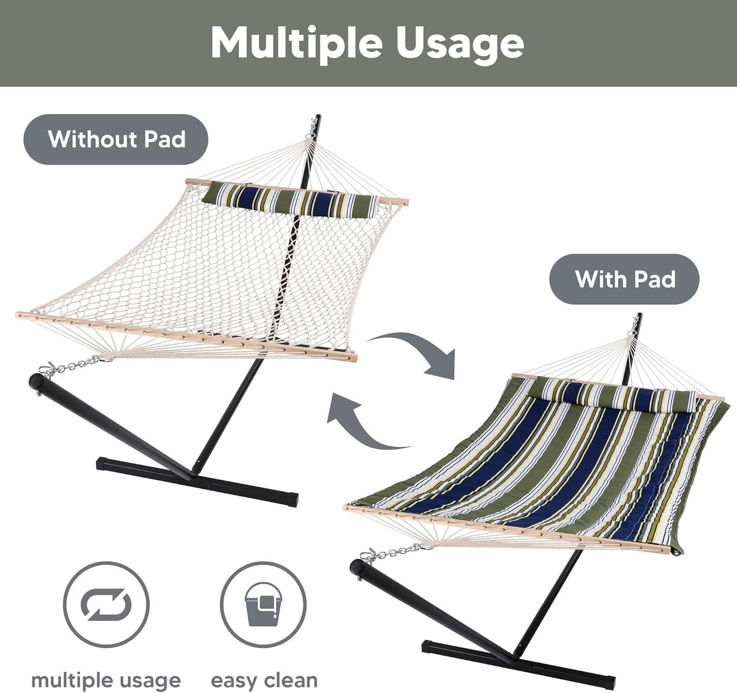 Double Outdoor Hammock with Stand | Cotton Rope & Pad | 2 Person | 475lbs Capaci - Kwikley
