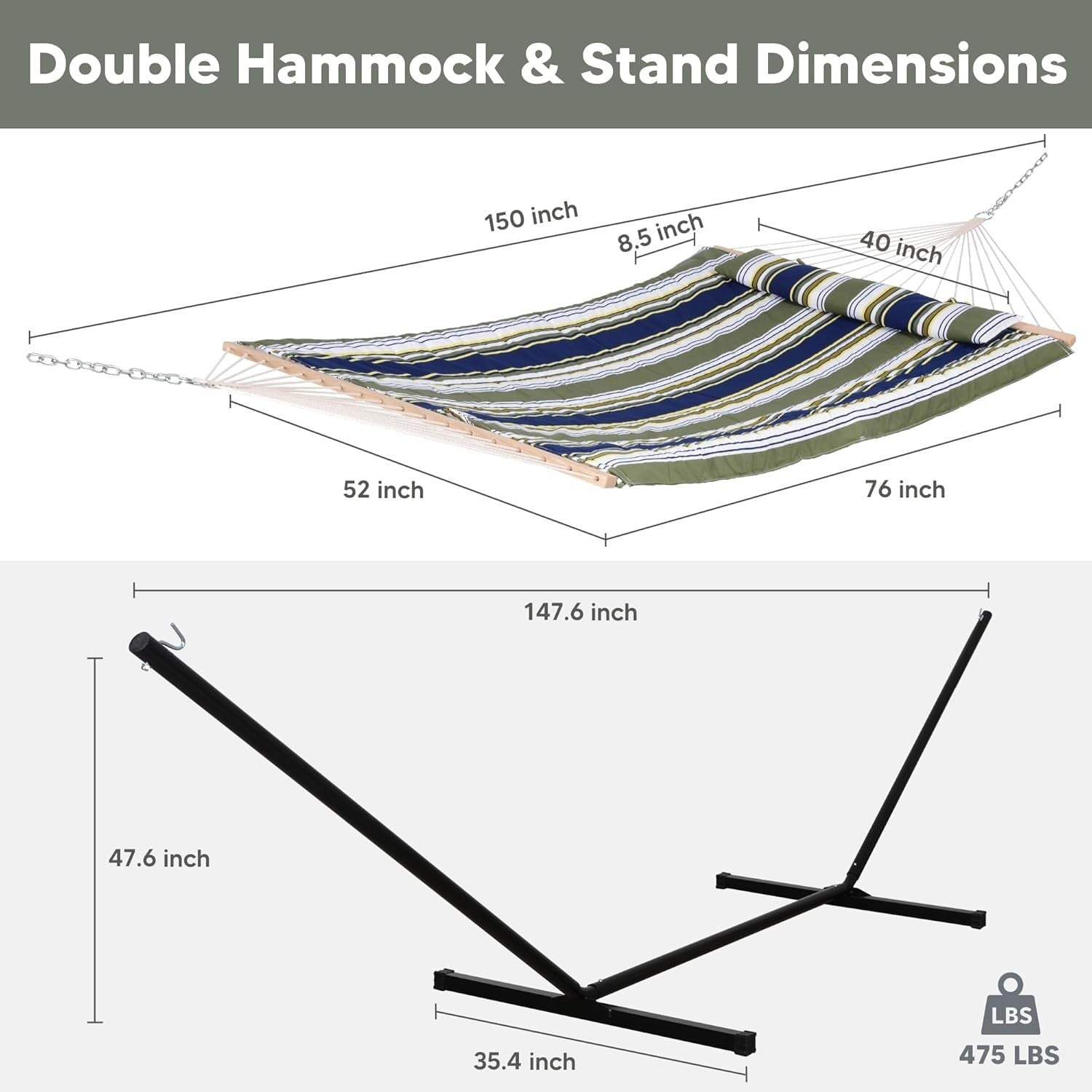 Double Outdoor Hammock with Stand | Cotton Rope & Pad | 2 Person | 475lbs Capaci - Kwikley