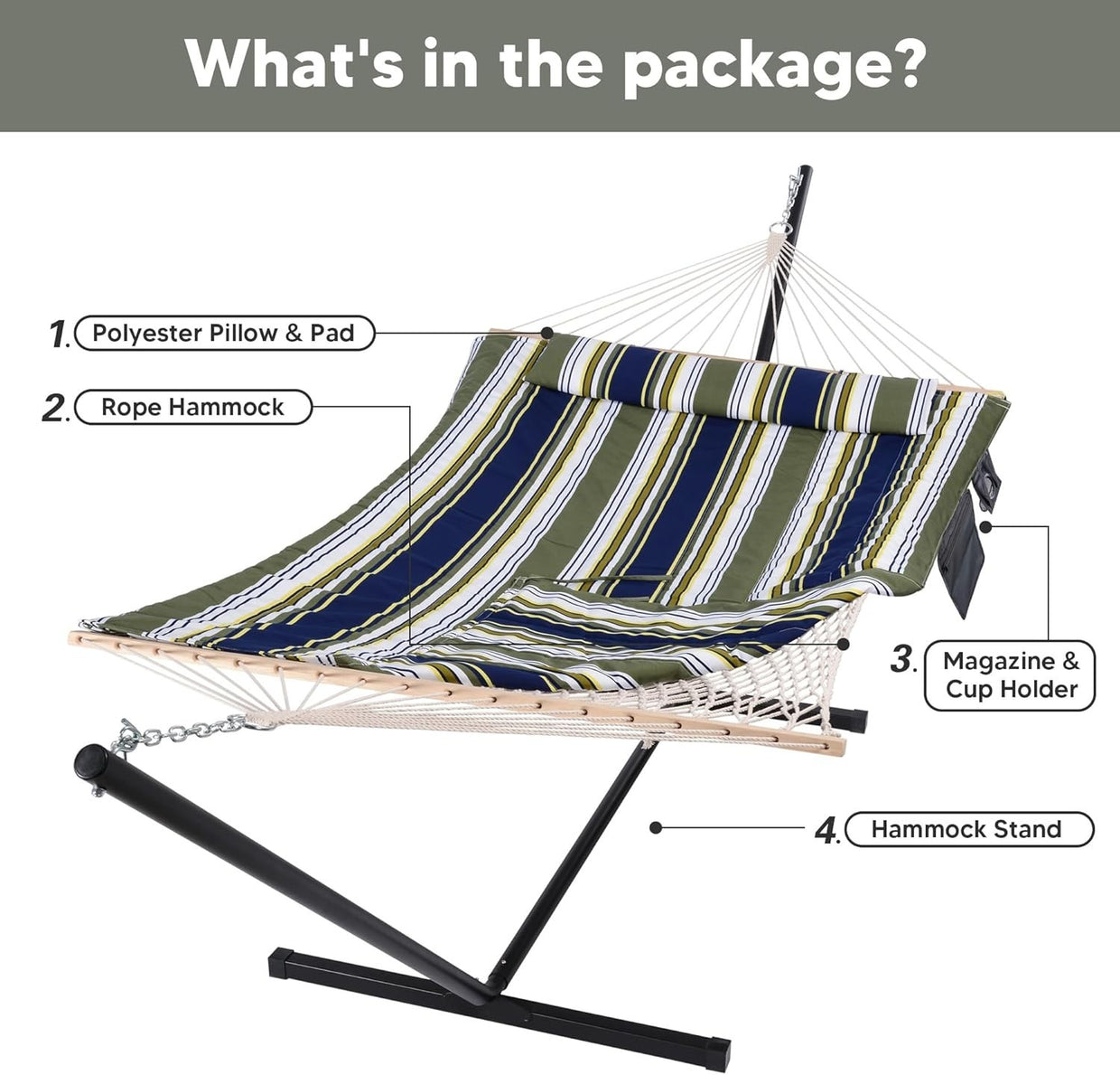 Double Outdoor Hammock with Stand | Cotton Rope & Pad | 2 Person | 475lbs Capaci - Kwikley