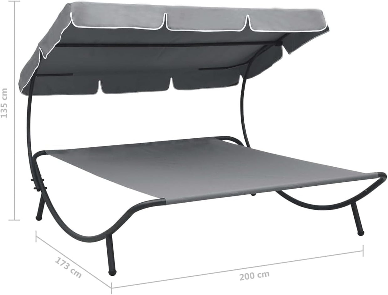 Double Outdoor Sun Lounger with Canopy Grey - Weatherproof Patio Daybed - Kwikley