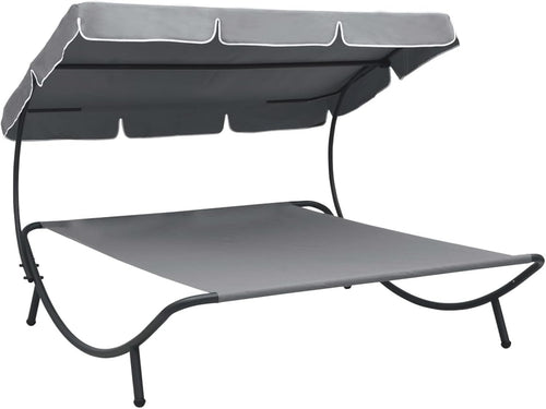 Double Outdoor Sun Lounger with Canopy Grey - Weatherproof Patio Daybed - Kwikley