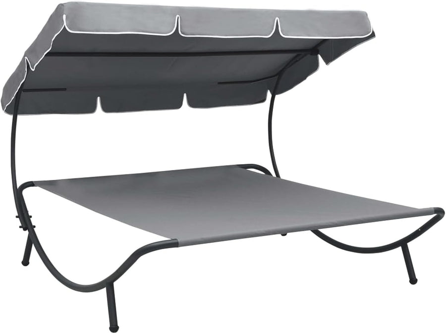 Double Outdoor Sun Lounger with Canopy Grey - Weatherproof Patio Daybed - Kwikley