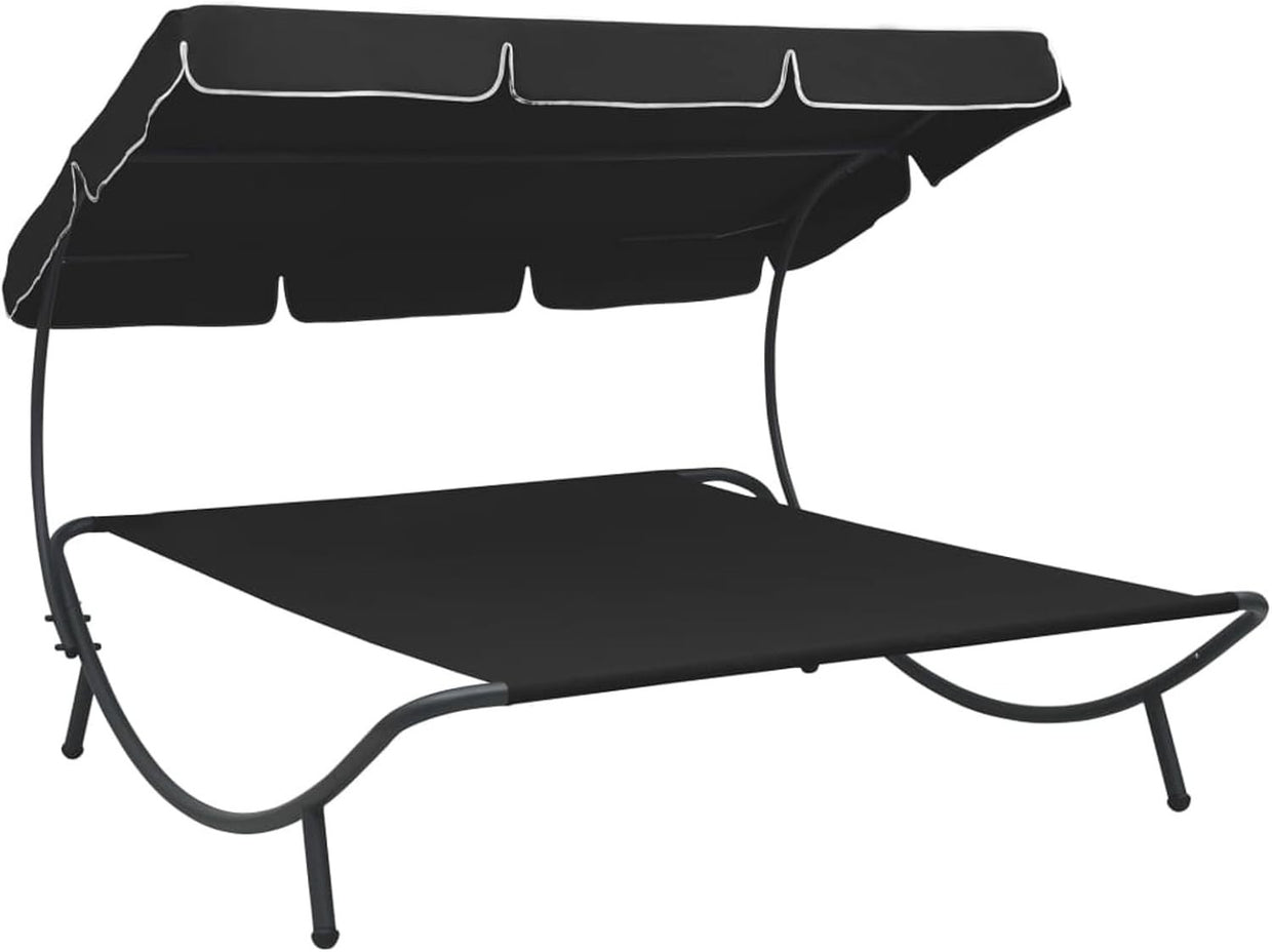 Double Outdoor Sun Lounger with Canopy - Weatherproof Patio Daybed Black - Kwikley