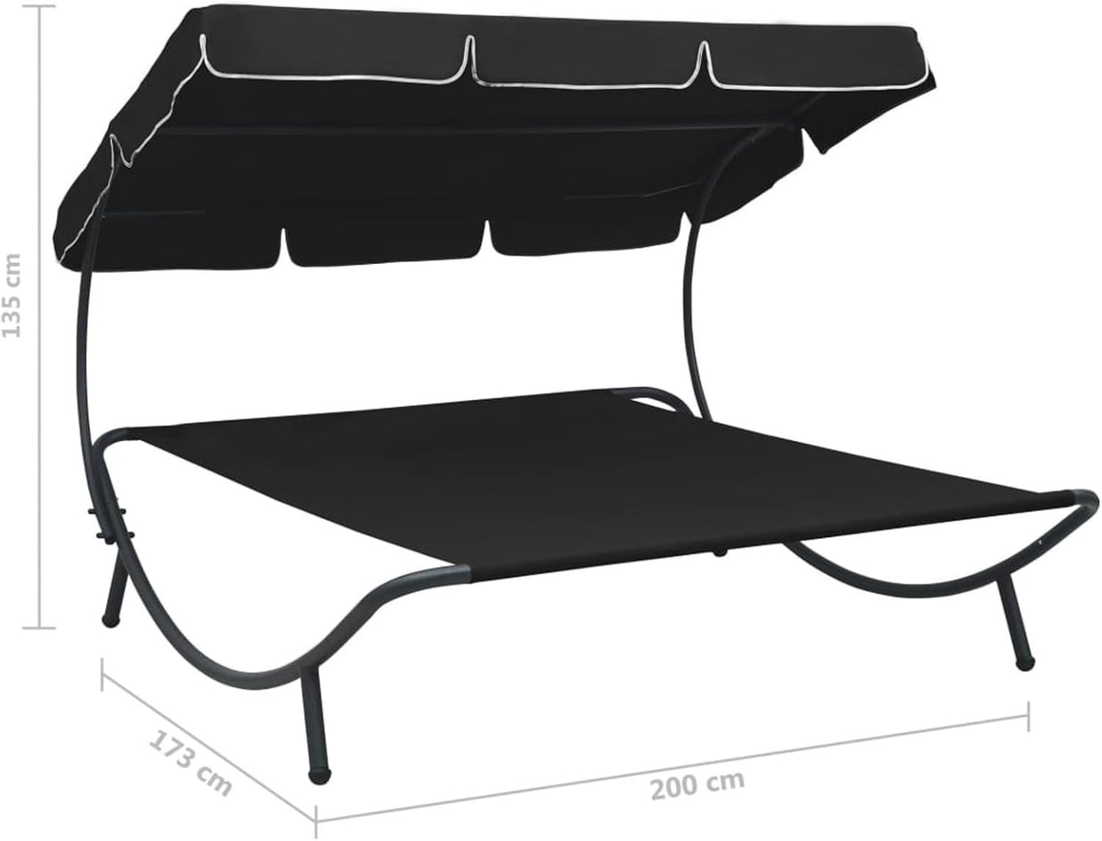 Double Outdoor Sun Lounger with Canopy - Weatherproof Patio Daybed Black - Kwikley
