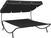 Double Outdoor Sun Lounger with Canopy - Weatherproof Patio Daybed Black - Kwikley