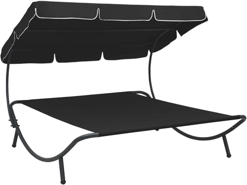 Double Outdoor Sun Lounger with Canopy - Weatherproof Patio Daybed Black - Kwikley