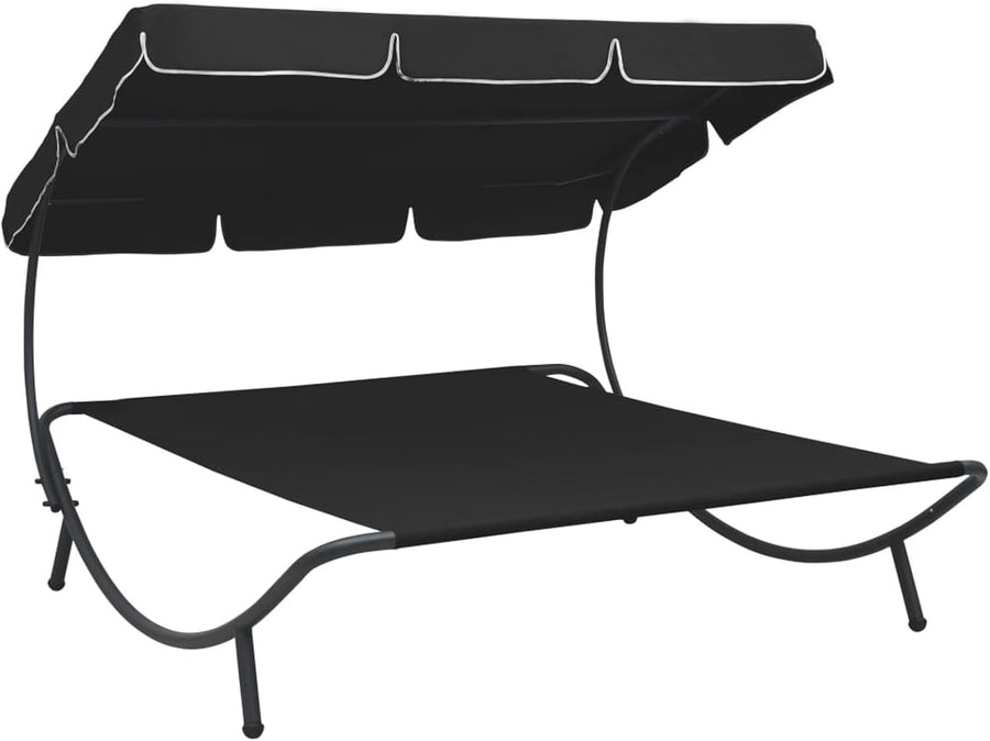 Double Outdoor Sun Lounger with Canopy - Weatherproof Patio Daybed Black - Kwikley