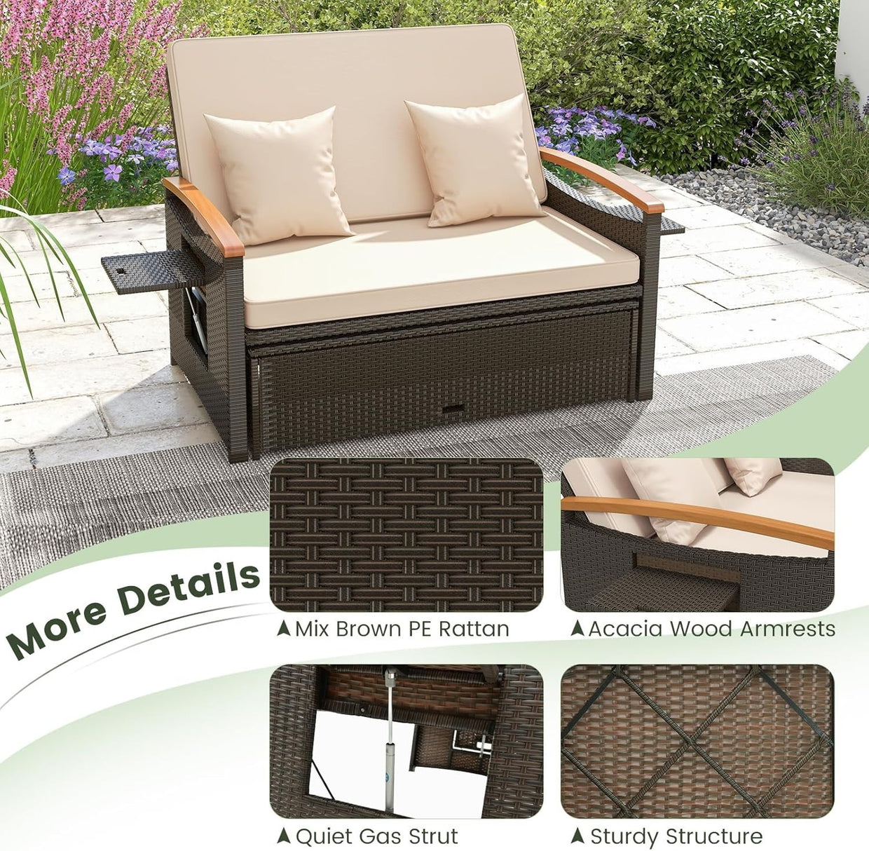Double Patio Rattan Daybed with Adjustable Back, Storage Ottoman & Cushions - Kwikley