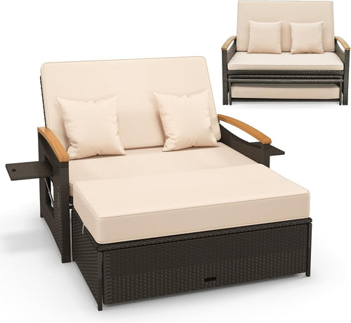 Double Patio Rattan Daybed with Adjustable Back, Storage Ottoman & Cushions - Kwikley