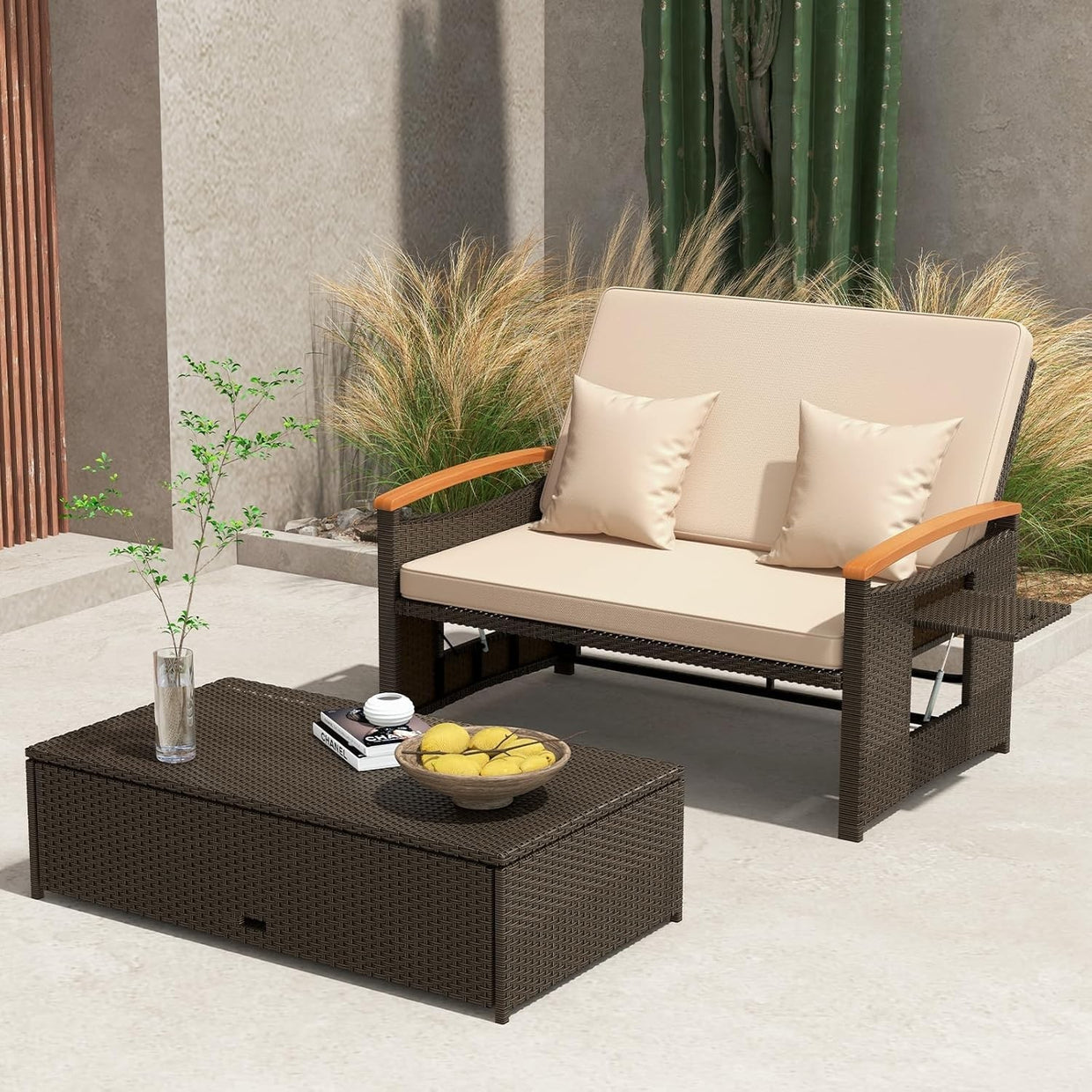 Double Patio Rattan Daybed with Adjustable Back, Storage Ottoman & Cushions - Kwikley