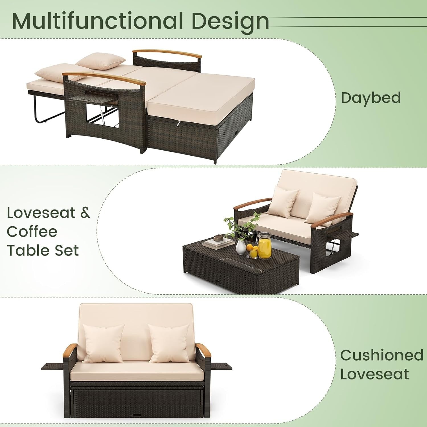 Double Patio Rattan Daybed with Adjustable Back, Storage Ottoman & Cushions - Kwikley