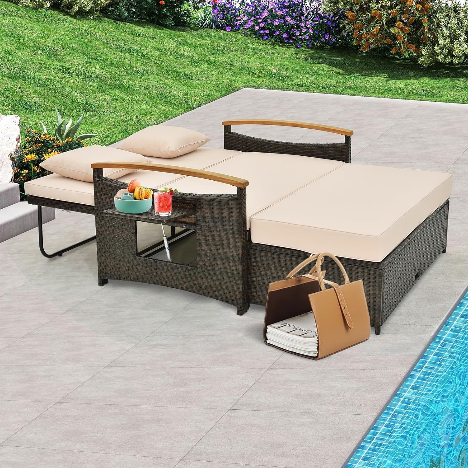 Double Patio Rattan Daybed with Adjustable Back, Storage Ottoman & Cushions - Kwikley