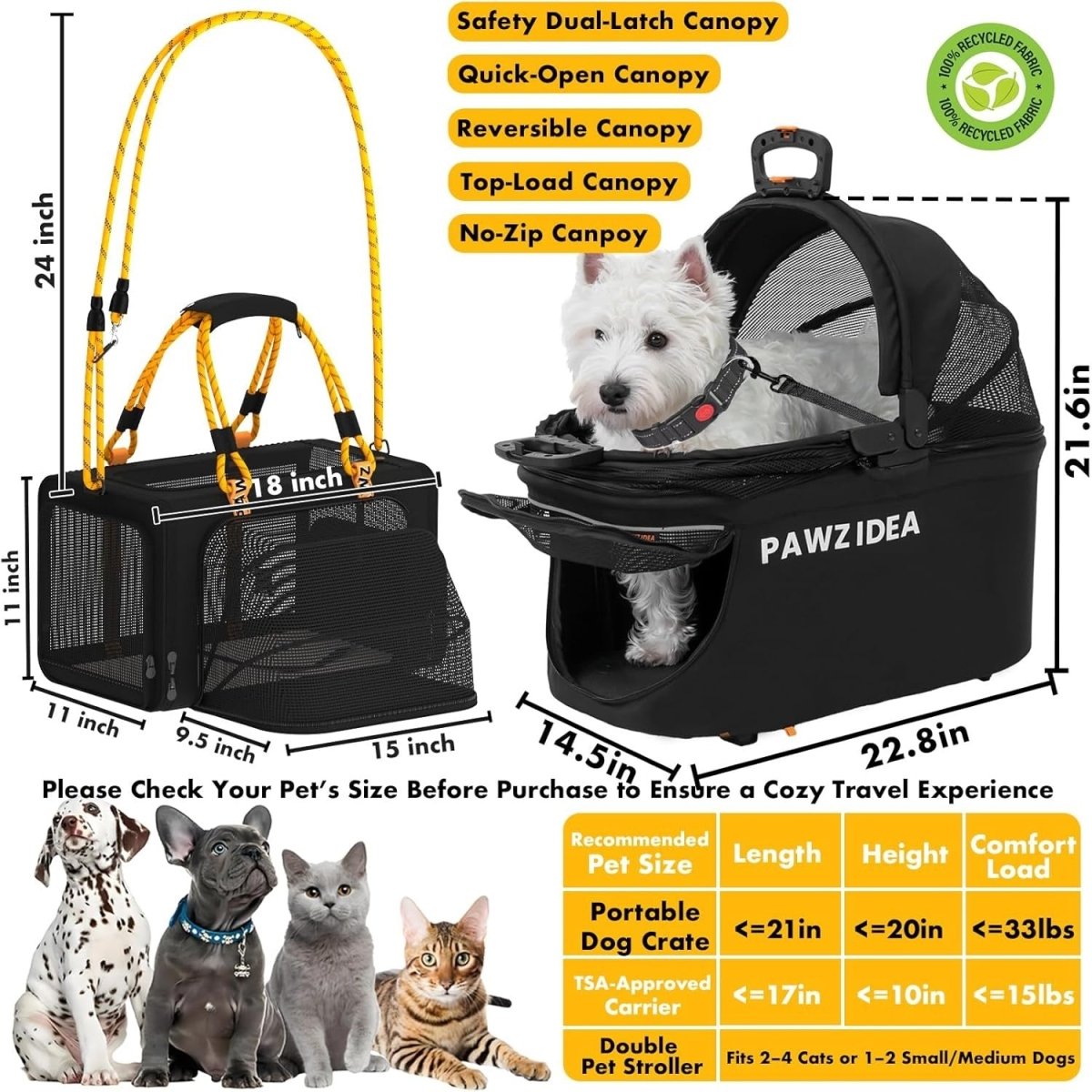 Double Pet Stroller 2 Detachable Carriers Foldable Dog Cat Travel Pushchair - Kwikley