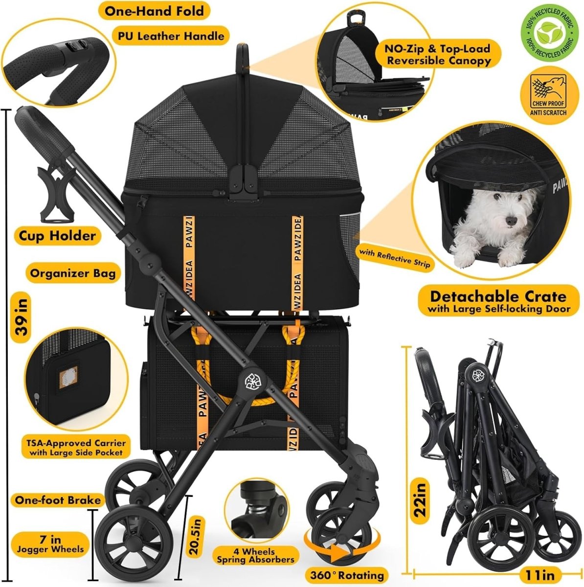 Double Pet Stroller 2 Detachable Carriers Foldable Dog Cat Travel Pushchair - Kwikley