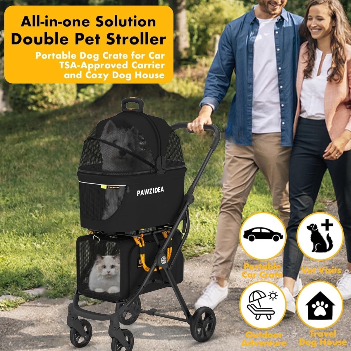 Double Pet Stroller 2 Detachable Carriers Foldable Dog Cat Travel Pushchair - Kwikley