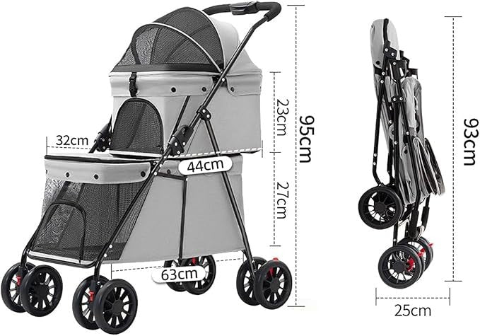Double Pet Stroller 2 Level Foldable Pushchair Mesh 4 Wheel Grey - Kwikley
