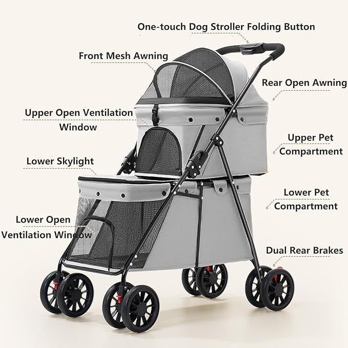Double Pet Stroller 2 Level Foldable Pushchair Mesh 4 Wheel Grey - Kwikley