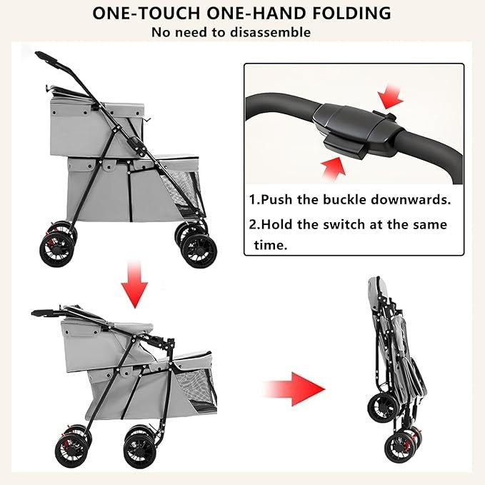 Double Pet Stroller 2 Level Foldable Pushchair Mesh 4 Wheel Grey - Kwikley