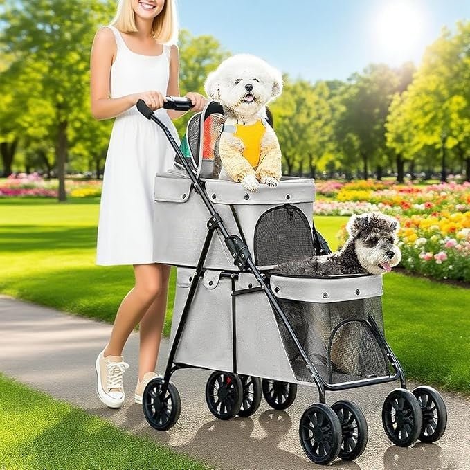 Double Pet Stroller 2 Level Foldable Pushchair Mesh 4 Wheel Grey - Kwikley