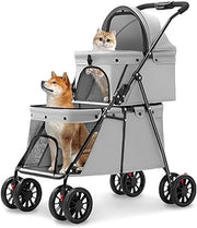 Double Pet Stroller 2 Level Foldable Pushchair Mesh 4 Wheel Grey - Kwikley