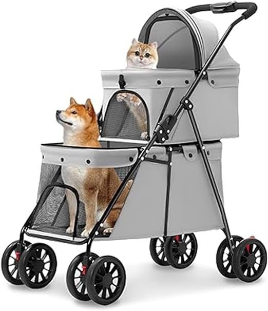 Double Pet Stroller 2 Level Foldable Pushchair Mesh 4 Wheel Grey - Kwikley