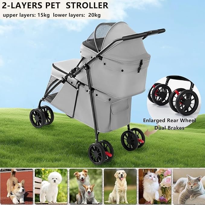 Double Pet Stroller 2 Level Foldable Pushchair Mesh 4 Wheel Grey - Kwikley