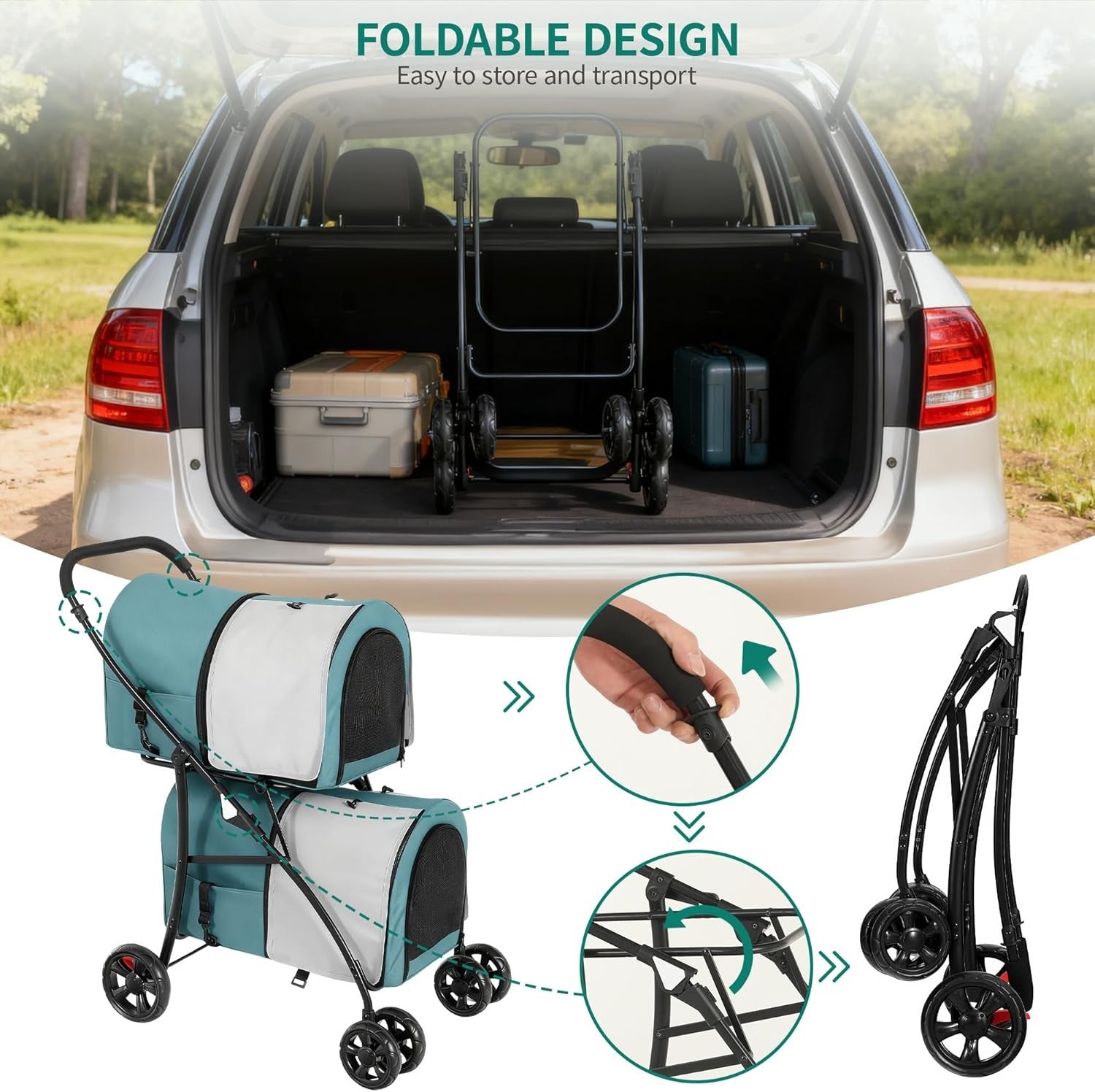 Double Pet Stroller 2 Tier Folding Dog Cat Pushchair 4 Wheel 30kg - Kwikley