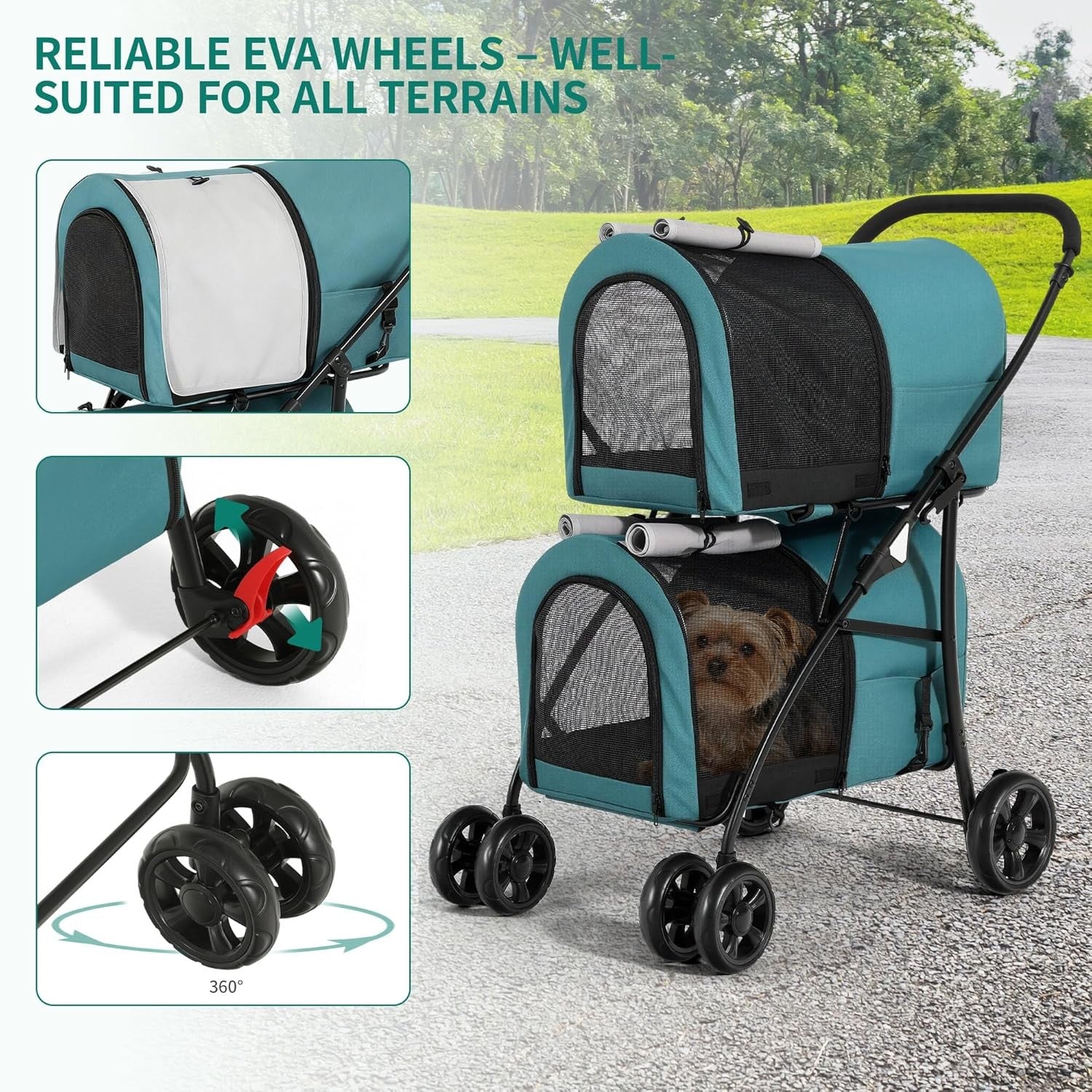 Double Pet Stroller 2 Tier Folding Dog Cat Pushchair 4 Wheel 30kg - Kwikley