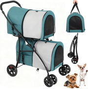 Double Pet Stroller 2 Tier Folding Dog Cat Pushchair 4 Wheel 30kg - Kwikley
