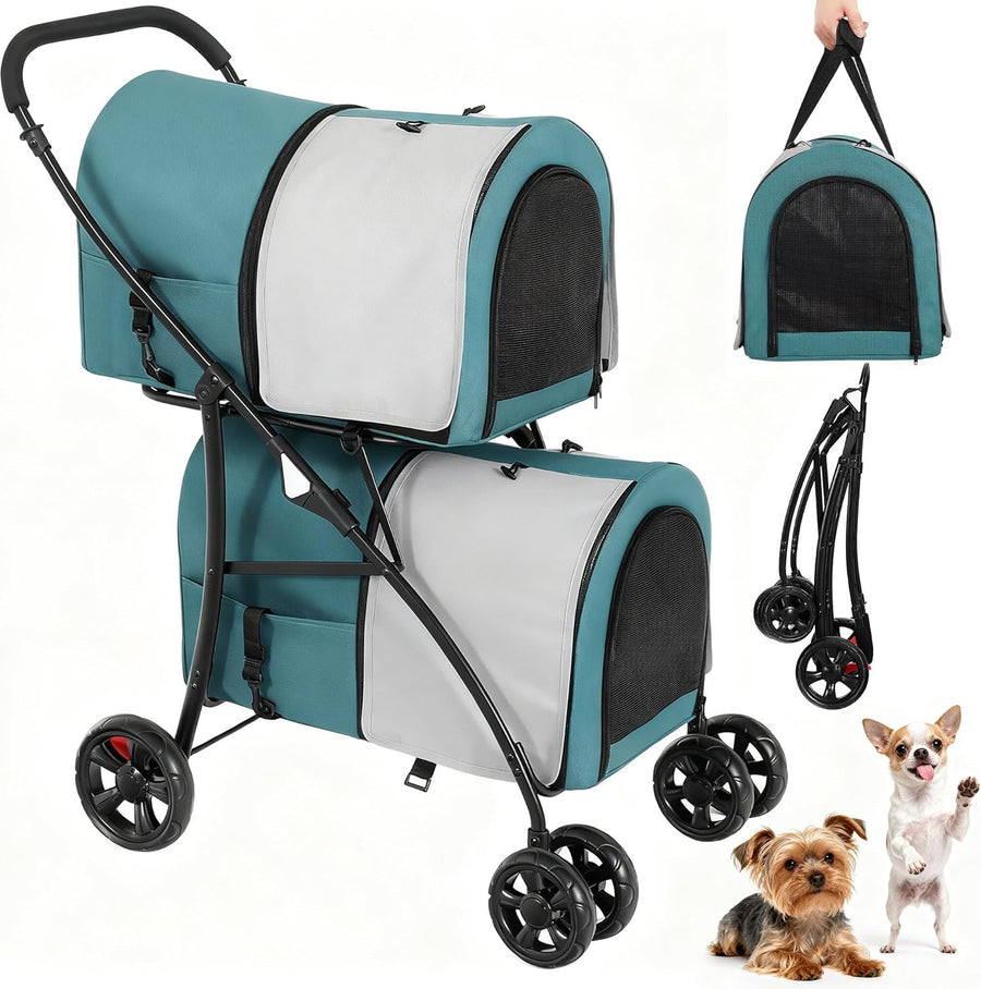 Double Pet Stroller 2 Tier Folding Dog Cat Pushchair 4 Wheel 30kg - Kwikley