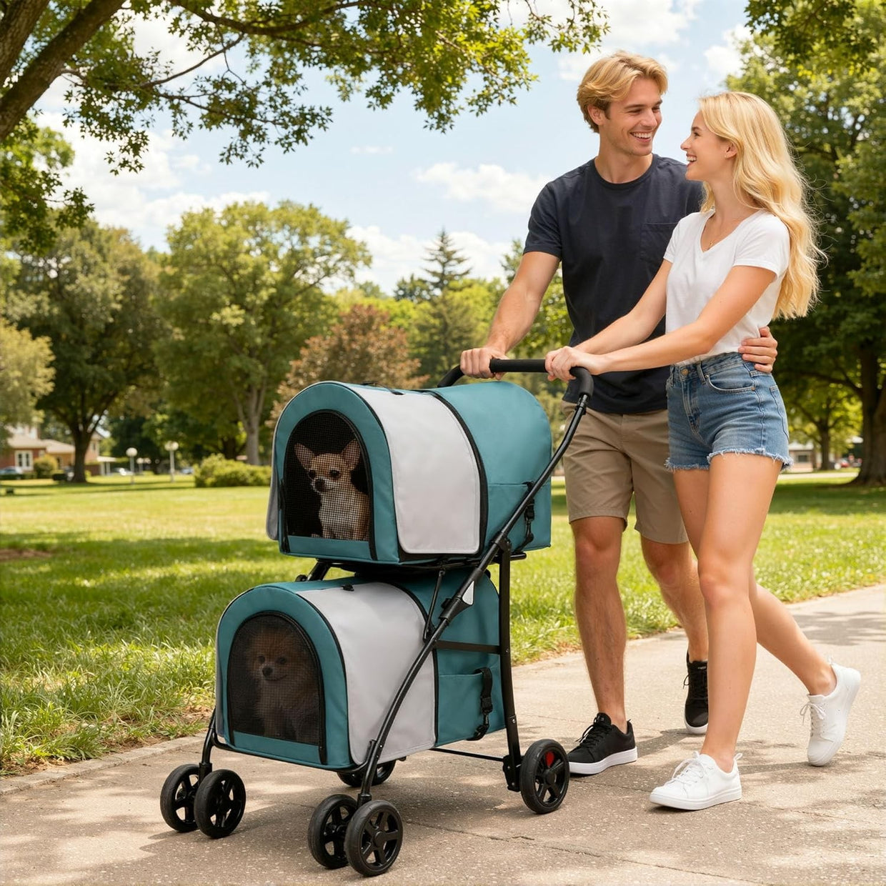 Double Pet Stroller 2 Tier Folding Dog Cat Pushchair 4 Wheel 30kg - Kwikley