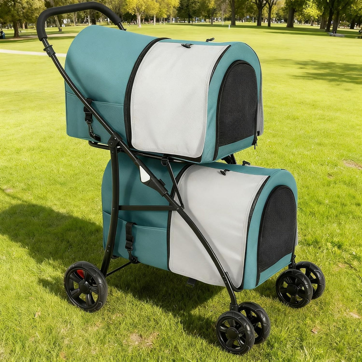 Double Pet Stroller 2 Tier Folding Dog Cat Pushchair 4 Wheel 30kg - Kwikley
