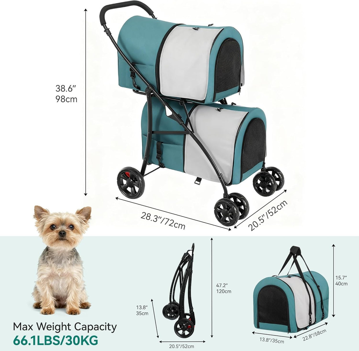 Double Pet Stroller 2 Tier Folding Dog Cat Pushchair 4 Wheel 30kg - Kwikley