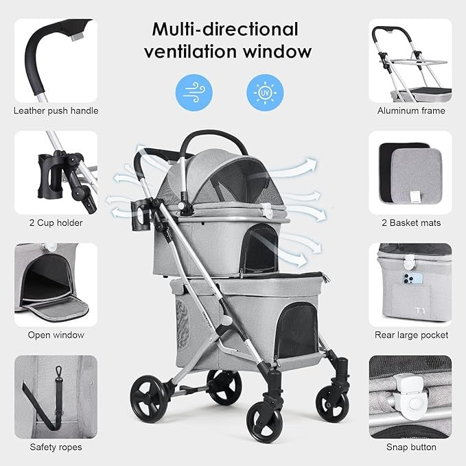 Double Pet Stroller Tier Folding Dog Pram for Small Medium Dogs Cats - Kwikley