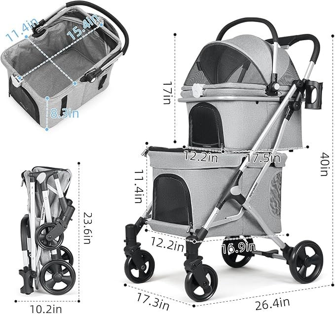 Double Pet Stroller Tier Folding Dog Pram for Small Medium Dogs Cats - Kwikley